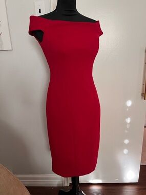 Red midi off the shoulder cocktail dress
